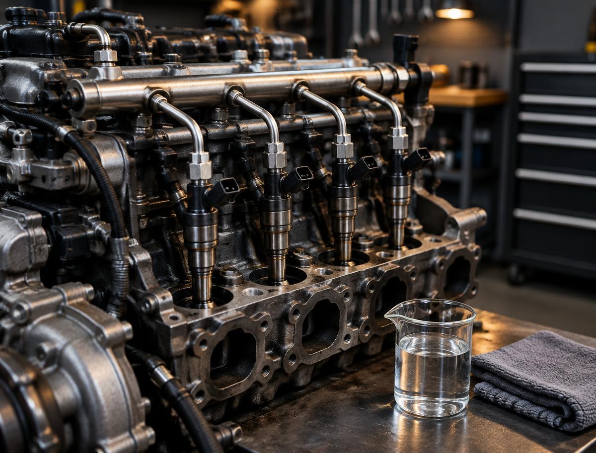 Moteur diesel avec rampe commune et injecteurs sur un établi d’atelier