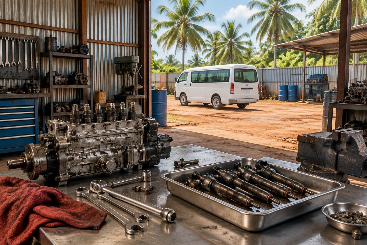 Atelier diesel à Douala avec pompe d’injection et injecteurs sur un établi